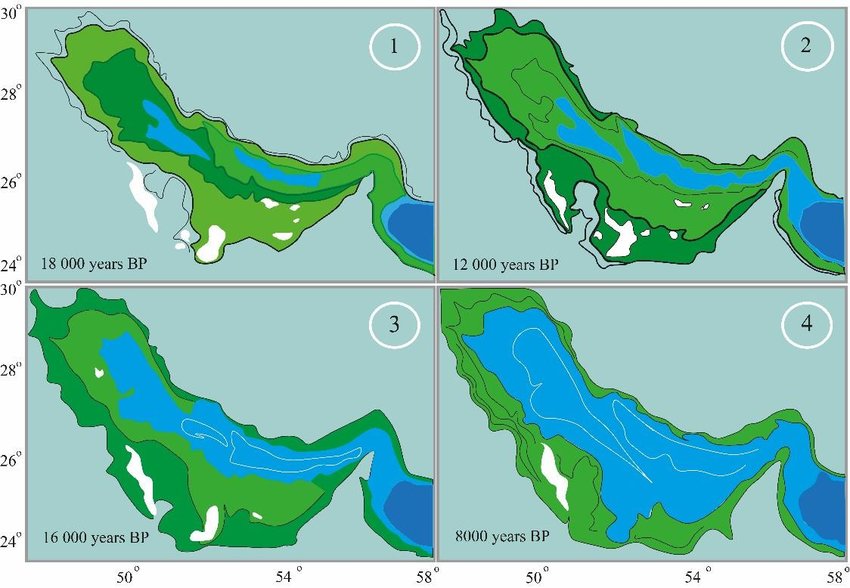 Reconstruction of the shore lines in the Arabian Gulf 1 18 000 BP 2 12 000 BP